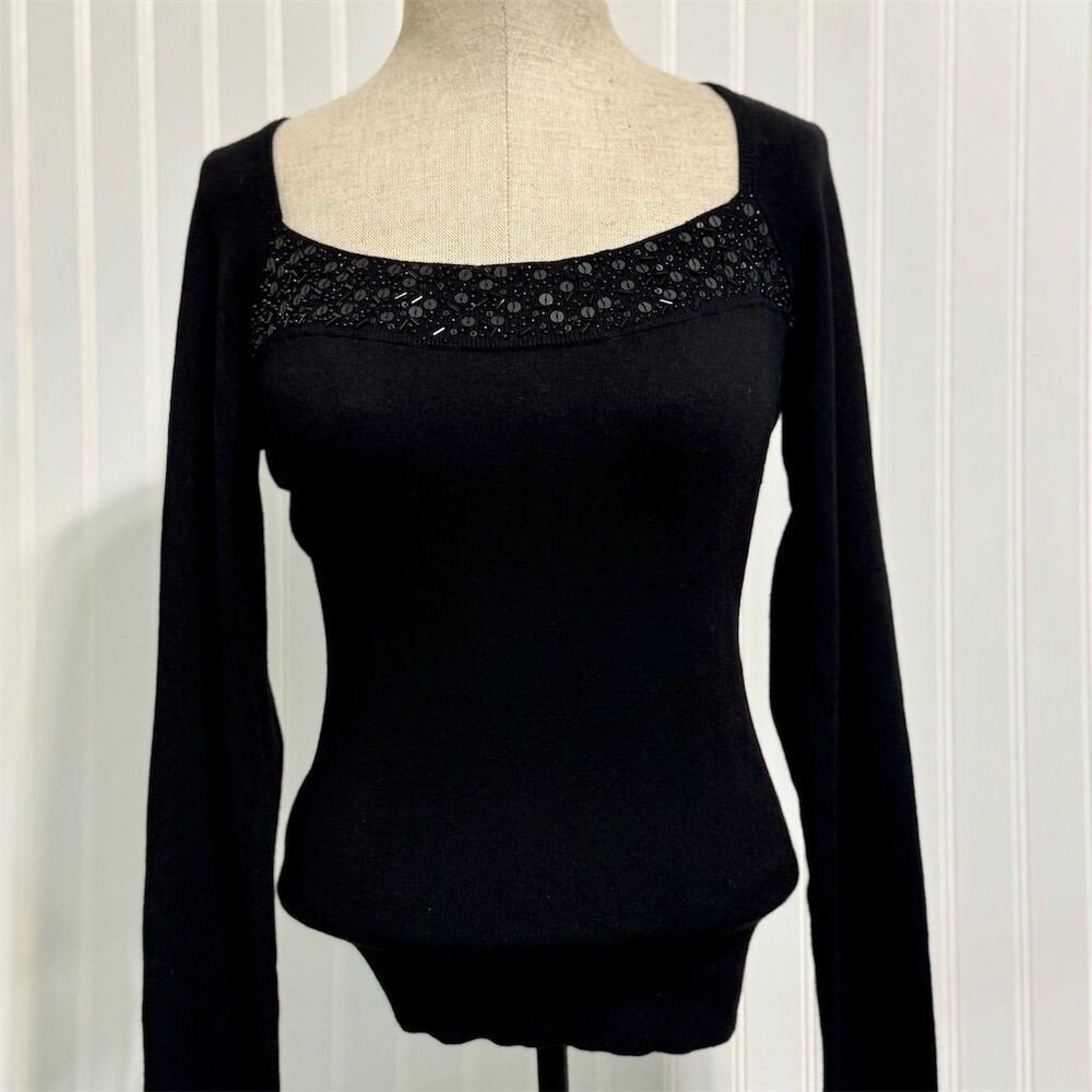 Esprit Black Silk Blend Top M Square Neck Beaded Whimsigoth Fairy Grunge